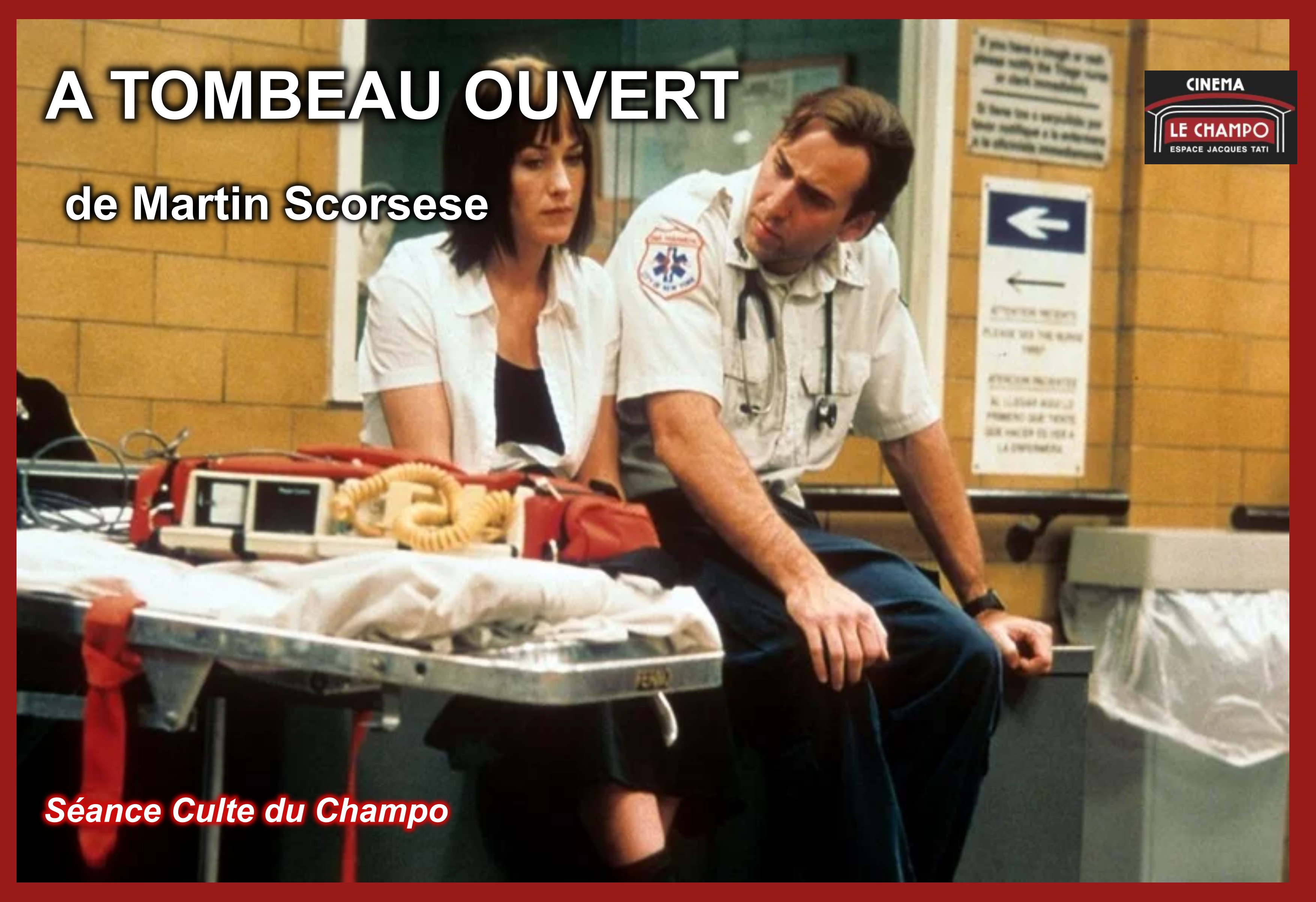 À tombeau ouvert de Martin Scorsese : Nicolas Cage en ambulancier épuisé discute avec Patricia Arquette assise sur un brancard, image de la séance culte du Champo