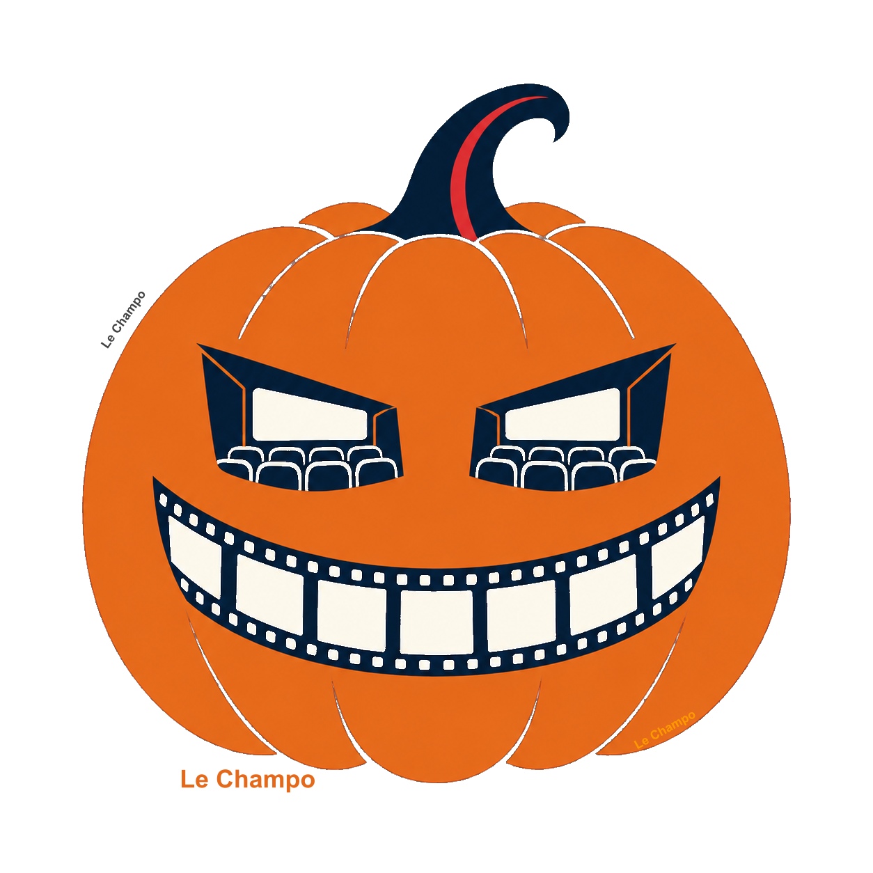 Image d'une Citrouille "cinéma" , la bouche souriante est représentée par une pellicule photo, et les yeux inquiétants sont les 2 salles de cinéma du Champoentée