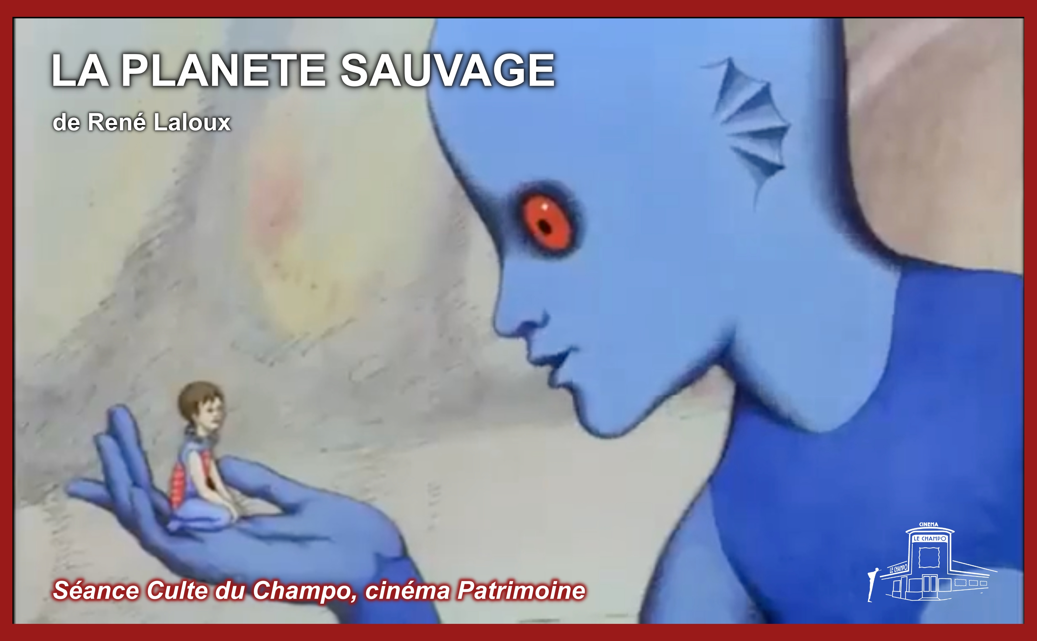 La Planète sauvage de René Laloux – un géant bleu (un Draag) tient un minuscule humain dans sa main, fable d’animation culte projetée au Champo