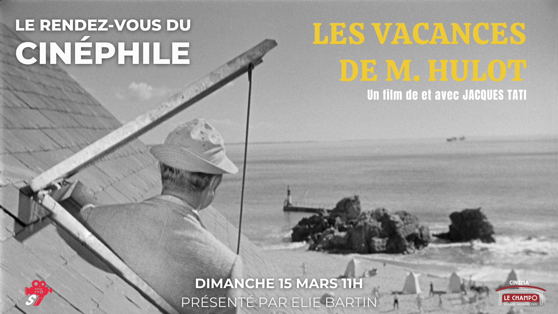Monsieur Hulot de dos face à la mer, sur un toit près de la plage – Les Vacances de M. Hulot (1953)