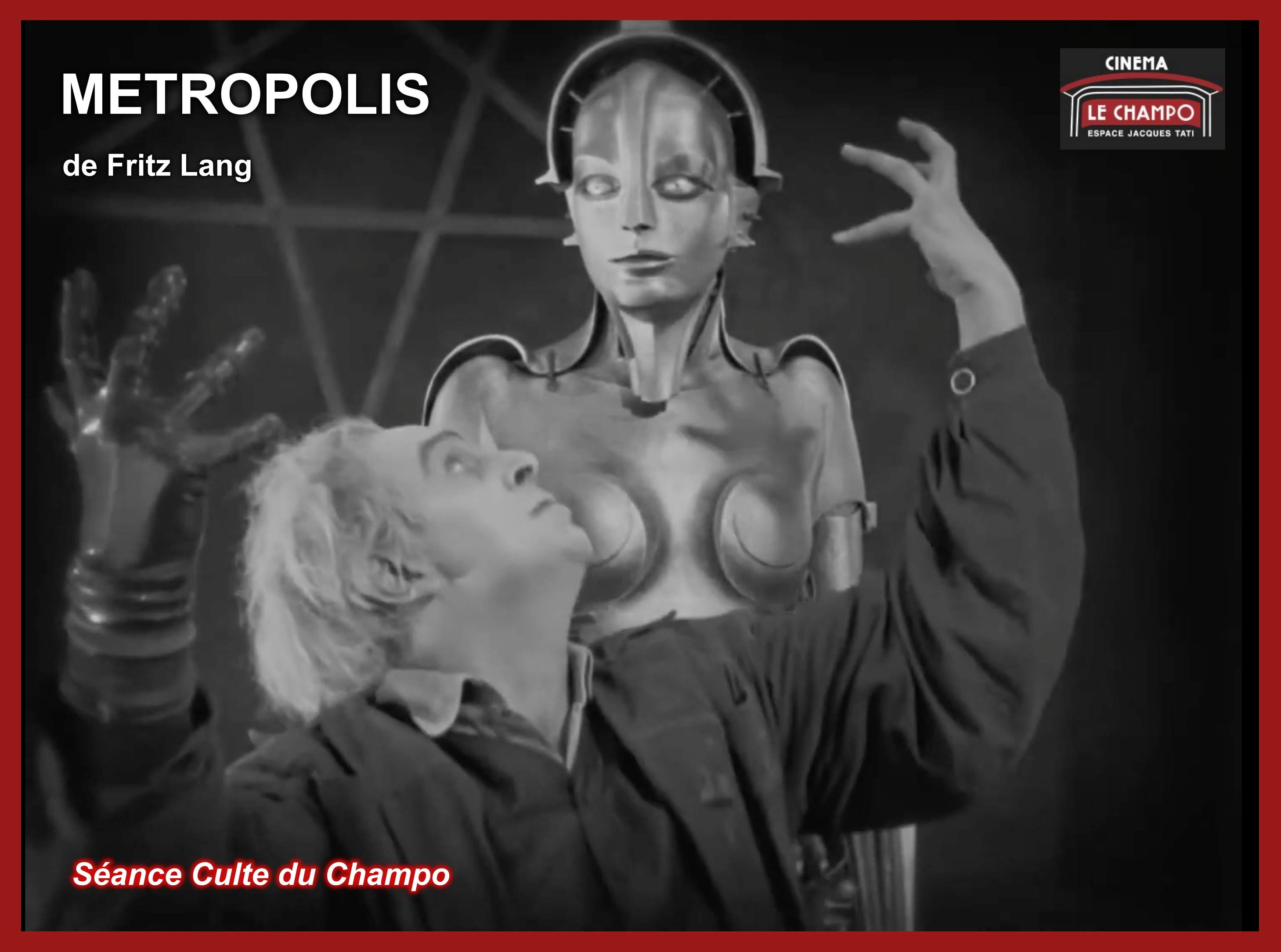 Metropolis : la robot-Maria devant la cité futuriste, film expressionniste de Fritz Lang