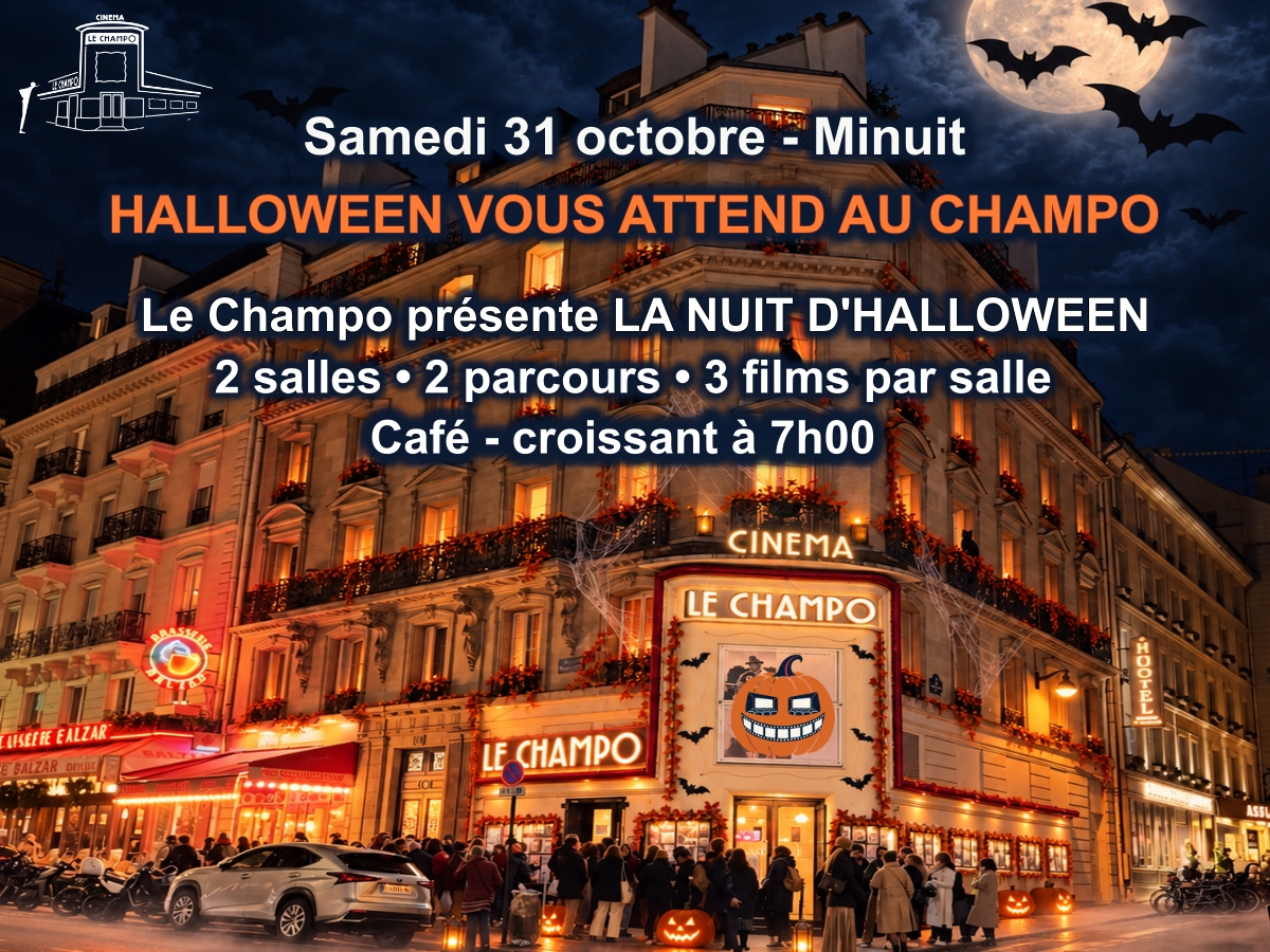 Facade du Champo décorée aux couleurs de Halloween, les chauve souris passent devant la lune, des toiles d'araignées et des citrouilles decorent le Champo