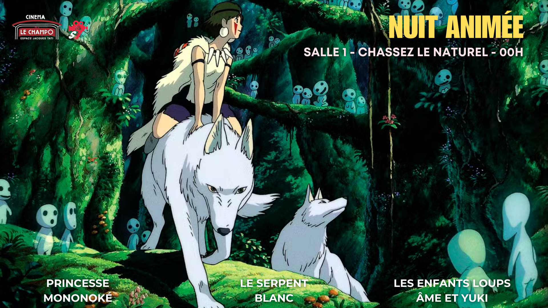 ne nuit placée sous le signe des forêts, des esprits et des métamorphoses. De Princesse Mononoké, grande fresque écologique et mythologique, au Serpent blanc, légende fondatrice de l’animation japonaise, jusqu’aux émotions intimes des Enfants loups, Ame et Yuki, ce programme explore les liens entre humains, animaux et monde invisible. Contes, folklore et liens familiaux se répondent d’un film à l’autre, pour une traversée sensible où la nature reprend toute sa puissance sur grand écran.