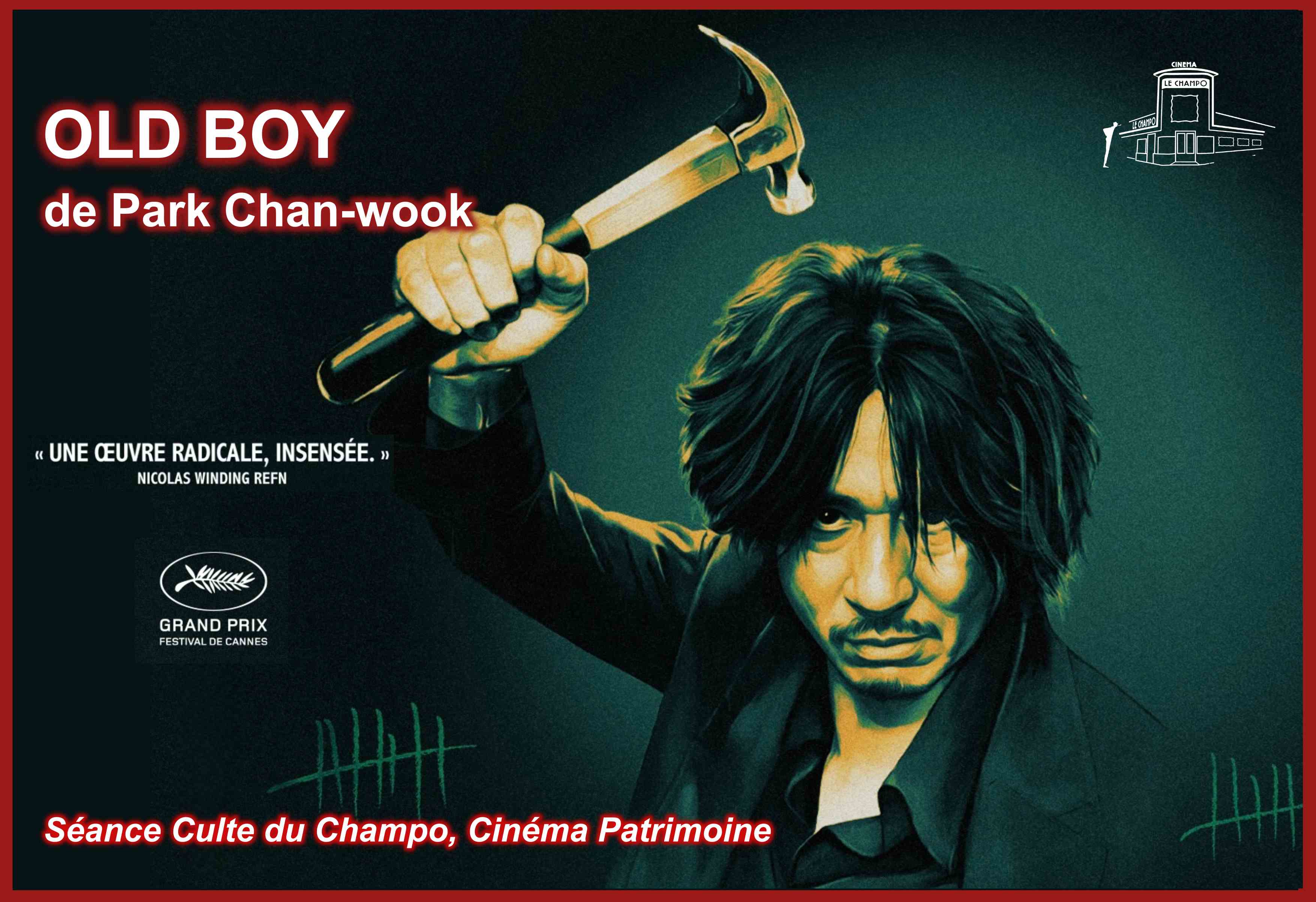 Affiche du film Old Boy de Park Chan-wook pour la séance culte du Champo, thriller sud-coréen sorti en 2003