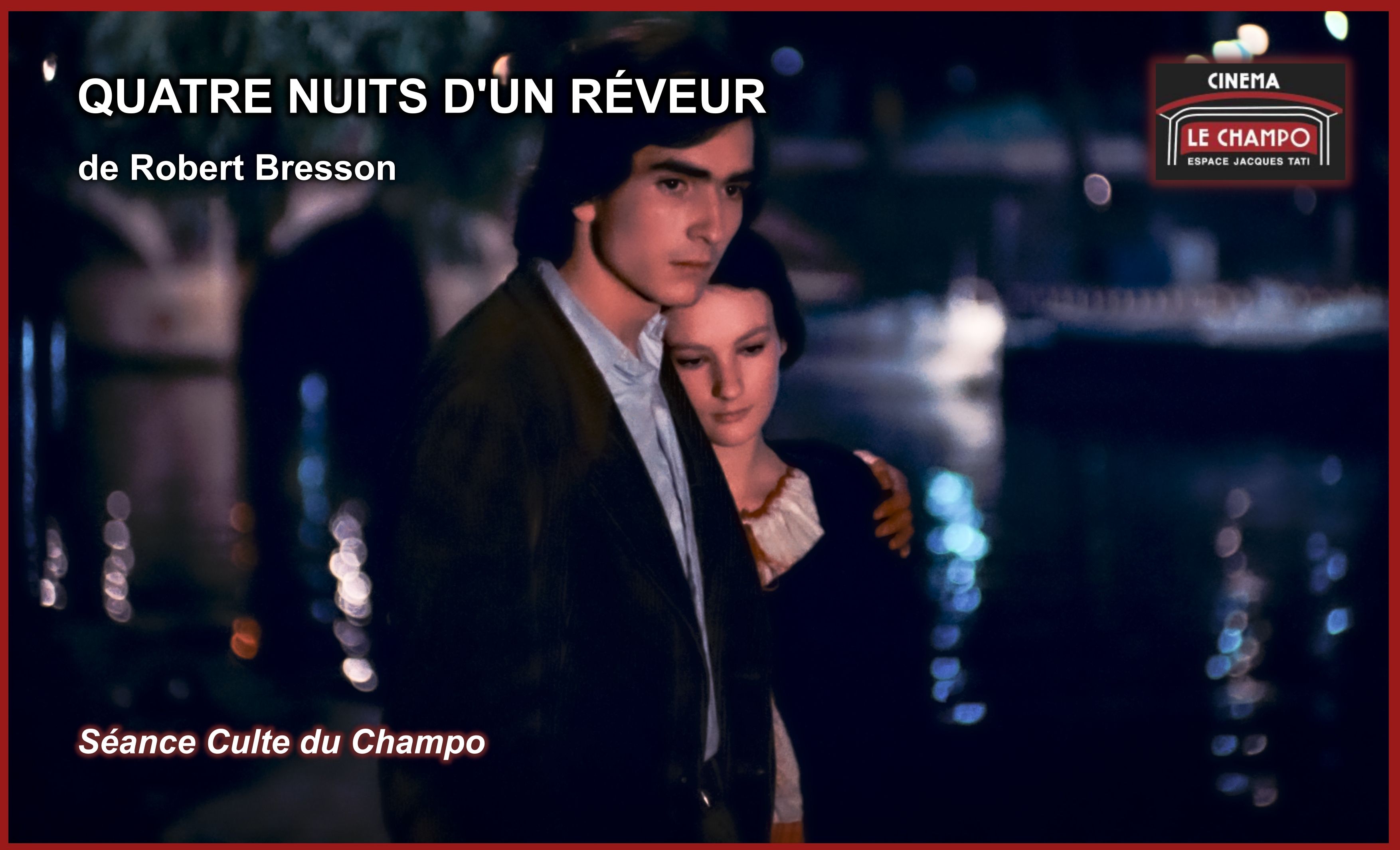 Quatre nuits d’un rêveur de Robert Bresson – un couple marche et discute la nuit sur le Pont Neuf à Paris, film romantique épuré projeté au Champo