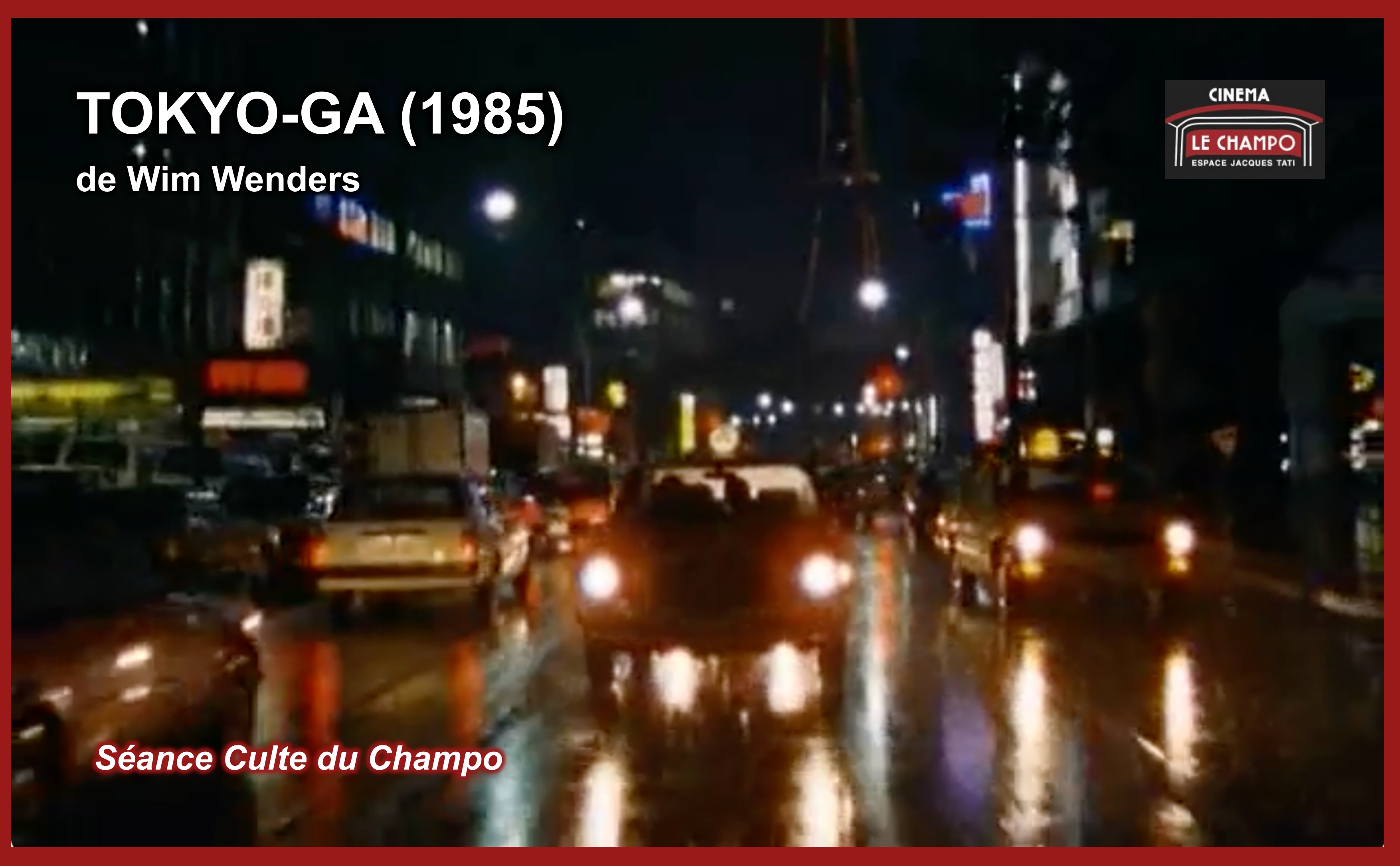 Affiche de « Tokyo-Ga » : décor urbain nocturne aux néons,